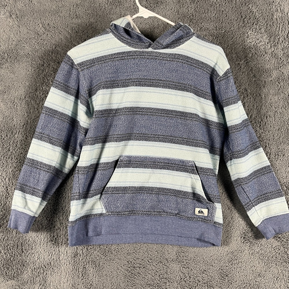 Quiksilver Hoodie Boys L Blue Gray Striped Long Sleeve Kangaroo Pocket Pullover